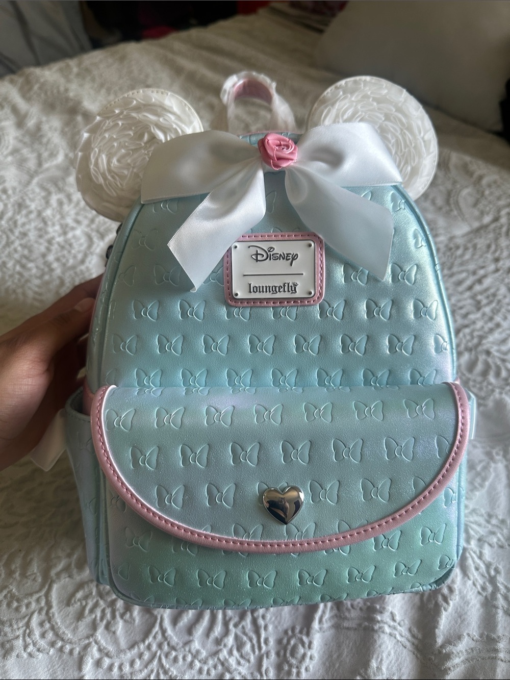 Loungefly Pastel Blue Minnie Ear Mini Backpack with Pink Trim